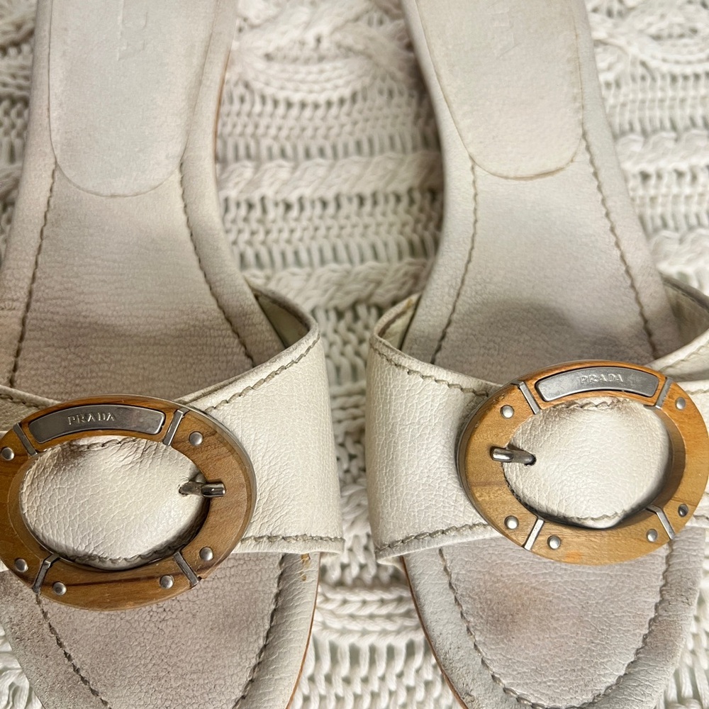 Prada Women's Beige Slide Sandals with Wood Accent